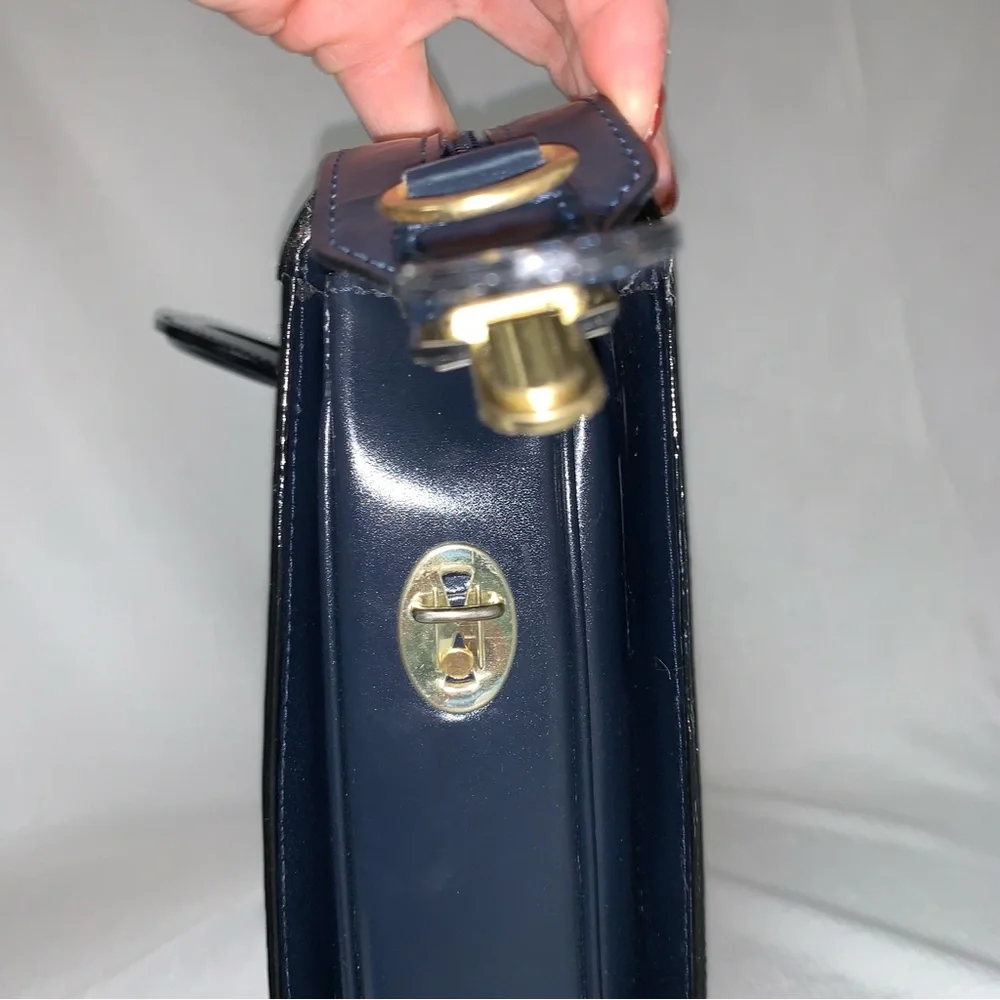 VINTAGE Atlantic Leather Briefcase Crossbody Handbag Navy Blue Attaché Case Luxe